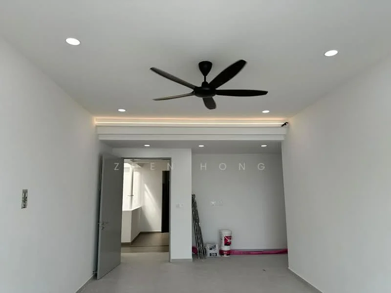 Room features: white painted walls, grey tiled flooring, 5-blade ceiling fan in black, recessed LED downlights, door with handle, window with natural light, crown moulding, painted baseboards; style: modern.