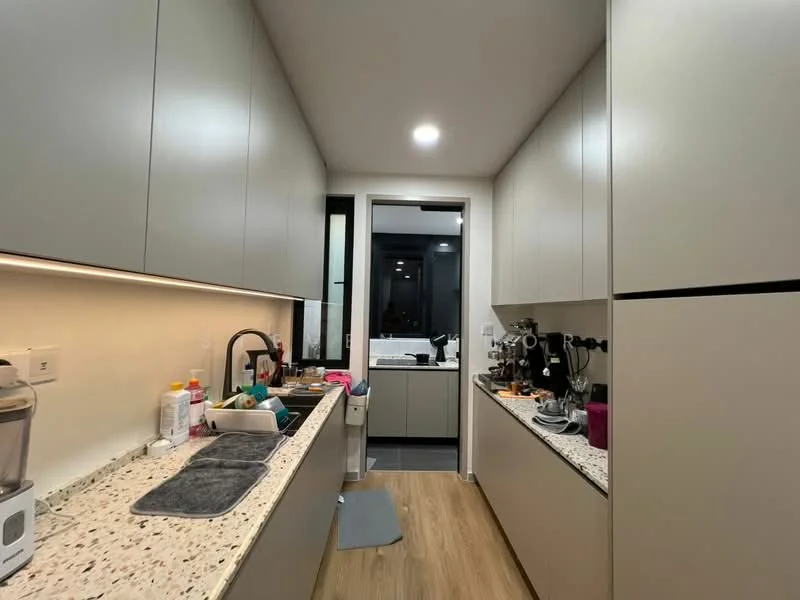 Kitchen features: grey cabinetry, granite countertop, stainless-steel sink, chrome pull-down faucet, built-in coffee machine, blender, dishwasher, recessed downlights, wood laminate flooring, tile flooring, window with view, kitchen appliances visible; style: modern.