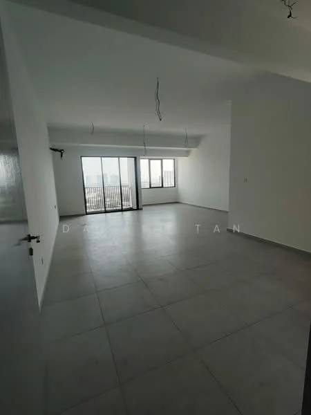 Living features: white painted walls, grey tile flooring, floor-to-ceiling windows, sliding glass door, unfurnished space, high ceiling, natural light, open layout; style: modern; view: city.