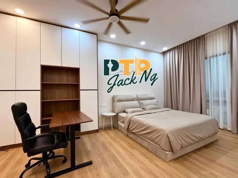 Bedroom features: king-size bed with beige bedding, upholstered headboard, wooden study desk, black ergonomic office chair, built-in wardrobe with white finish, floor-to-ceiling window with sheer curtains, wooden flooring, ceiling fan with light, decorative wall with logo; style: modern; view: city.