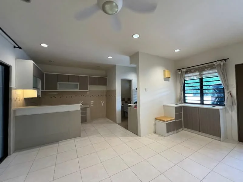 Kitchen features: white countertop, laminate cabinetry in light brown, built-in oven, stainless-steel sink, chrome pull-down faucet, ceramic tile flooring, recessed downlights, window with horizontal slats, open layout, breakfast bar with seating, wall-mounted cabinets, neutral wall colour; style: modern.