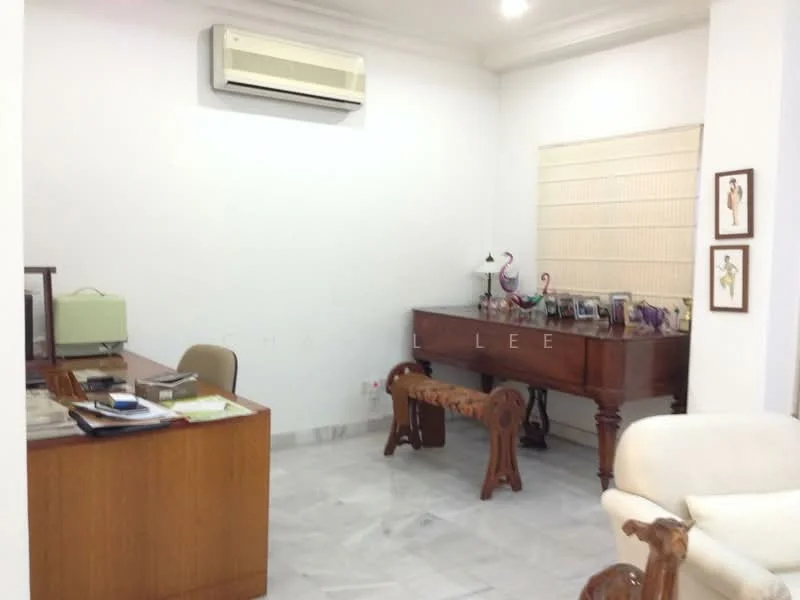 Study features: white painted walls, marble flooring, 1 wall-mounted split AC, wooden desk, wooden cabinet, wooden bench, table lamp, window with blinds, framed artwork on walls; style: modern.