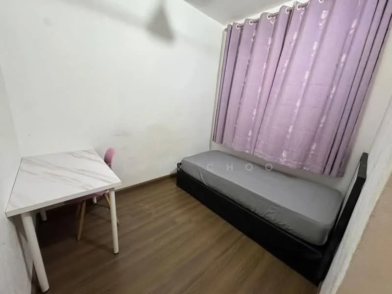 Bedroom features: single bed with grey mattress, purple curtains, white walls, wooden flooring, small table with marble top, pink chair; style: minimalist.