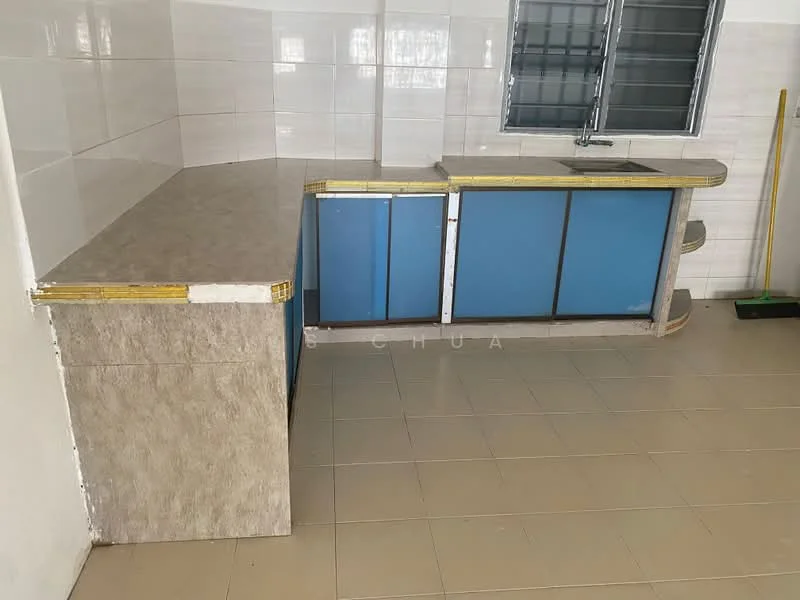 Kitchen features: L-shaped countertop, grey laminate countertop, blue cabinetry, stainless-steel sink, single-bowl sink, wall-mounted window, white tiled walls, cream tiled flooring; style: modern.