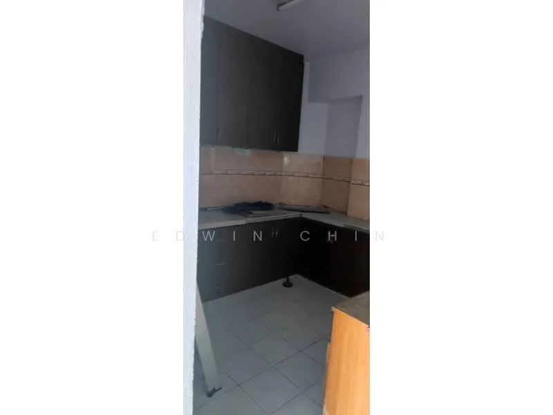 Kitchen features: dark wood cabinetry, laminate countertop, ceramic tile backsplash, built-in stove, single-bowl stainless-steel sink, white tiled flooring, wall-mounted cabinets, kitchen island, neutral wall color; style: modern.