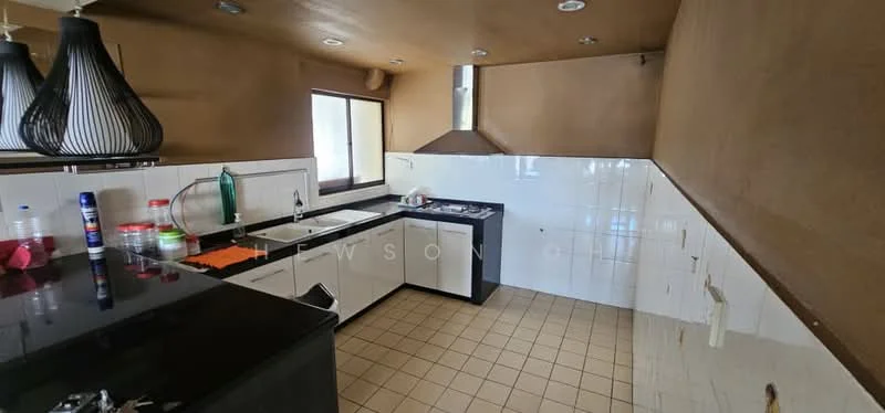 Kitchen features: black granite countertop, white cabinetry with flat-panel doors, built-in gas stove, stainless-steel range hood, single-bowl stainless-steel sink, tile backsplash, cream-colored wall tiles, brown painted walls, window for natural light, ceramic tile flooring, recessed ceiling lights, hanging pendant lights; style: modern.