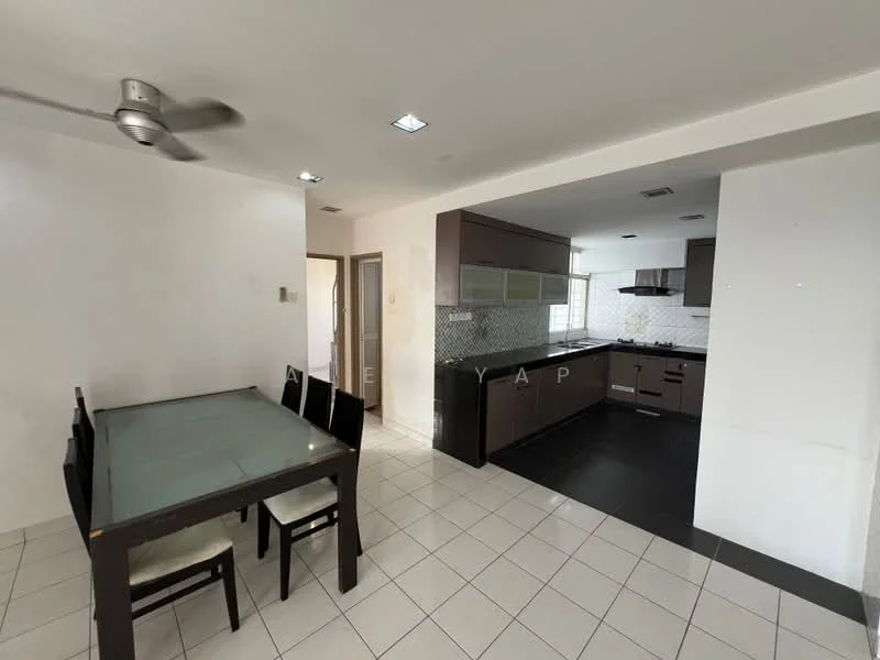 Dining features: glass dining table, black dining chairs, white painted walls, tile flooring, ceiling fan, recessed downlights; style: modern. Kitchen features: L-shaped kitchen layout, dark wood cabinetry, black countertop, white backsplash with mosaic pattern, built-in gas stove, extraction hood, sink, tile flooring; style: modern.