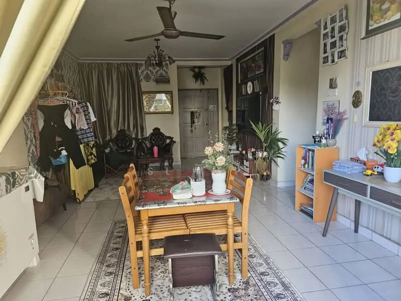 Dining features: dining table with 6 wooden chairs, area rug with geometric pattern, ceiling fan, wall-mounted shelving unit, decorative plants, framed artwork on walls, light-colored tiled flooring, curtains, wooden sideboard, wall clock; style: traditional. Living features: 2-seater sofa, armchairs, coffee table, decorative cushions, wall-mounted mirror, crown moulding, light fixture, wooden cabinet, various decorative items; style: traditional.