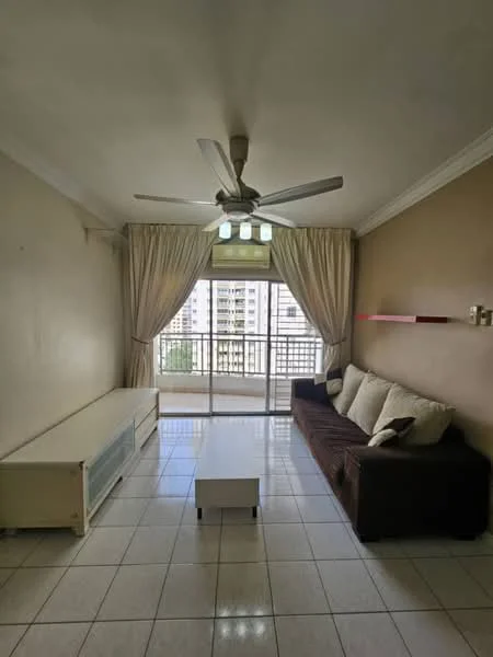 Living features: 3-seater fabric sofa in brown, coffee table, TV console, wall-mounted TV, ceiling fan with light, floor-to-ceiling windows, curtains, white tiled flooring, cream painted walls, decorative shelf; style: modern; view: city.