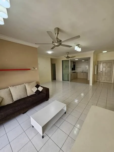 Living features: 3-seater fabric sofa in brown, white coffee table, ceiling fan with 5 blades, recessed downlights, white tiled flooring, cream painted walls, wall-mounted shelf, open layout to kitchen, large windows for natural light; style: modern. Kitchen features: granite countertop, built-in cabinets, stainless-steel sink, freestanding range oven, microwave, open layout to living area; style: modern.