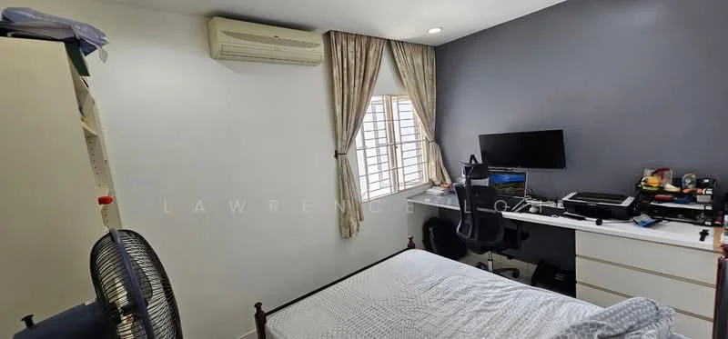 Bedroom features: white painted walls, grey accent wall, wall-mounted split AC, single bed, bedding on bed, desk with computer monitor, office chair, wooden desk, window with sheer curtains, ceiling light, floor fan; style: modern.