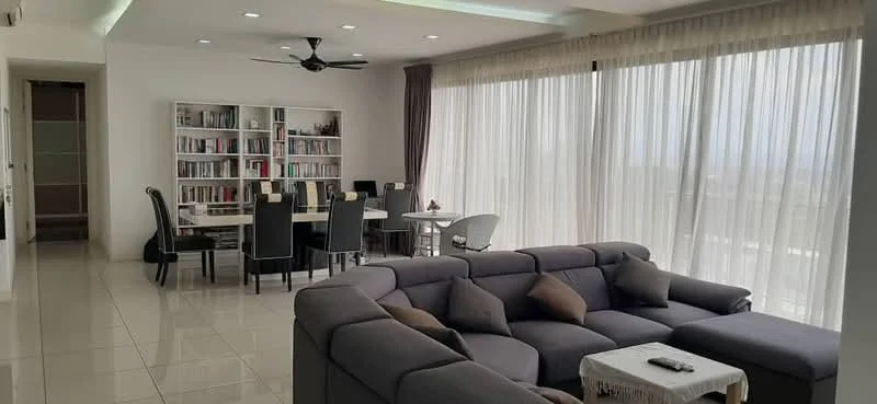 Living features: L-shape sectional sofa in grey, coffee table, floor-to-ceiling windows, sheer curtains, 5-blade ceiling fan with light, polished tile flooring, decorative throw pillows, built-in bookshelf with books, dining table with chairs, area rug; style: modern; view: city.