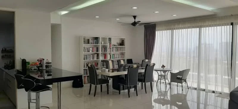 Dining features: white walls, glossy tile flooring, 5-blade ceiling fan with light, large floor-to-ceiling windows, sheer curtains, black dining table, 6 upholstered dining chairs, bookshelf with books, open-plan layout, natural light, neutral color scheme; style: modern; view: city. Kitchen features: grey cabinetry, black countertop, bar stools, kitchen island, built-in appliances; style: modern.