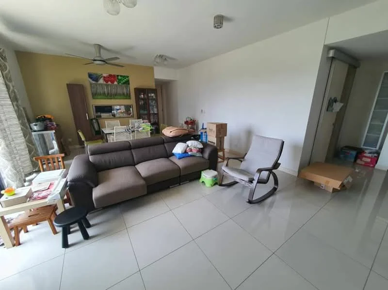 Living features: 3-seater fabric sofa in brown, recliner chair, coffee table, dining table with chairs, floor-to-ceiling windows with sheer curtains, ceiling fan, light fixture, tile flooring, decorative wall with artwork, storage cabinet, open layout, boxes and miscellaneous items; style: modern.