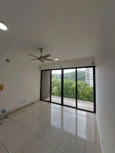 Living features: white painted walls, glossy ceramic tile flooring, 5-blade ceiling fan with light, floor-to-ceiling sliding glass doors, mountain view, natural light from large windows, recessed lighting, open layout; style: modern; view: mountain.