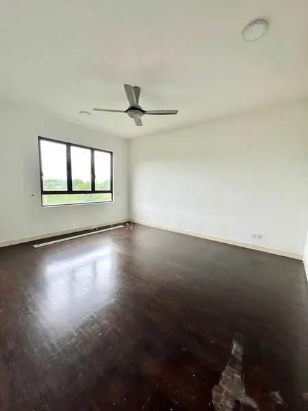 Room features: white painted walls, dark wood flooring, 5-blade ceiling fan, large windows, natural light, unfurnished space; style: minimalist; view: garden.