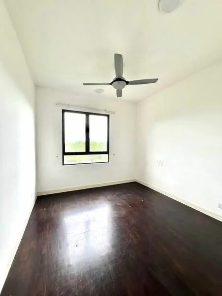 Bedroom features: white painted walls, dark wood flooring, 5-blade ceiling fan, large window with black frame, no visible furniture, minimal decor, natural light from window; style: minimalist; view: garden.
