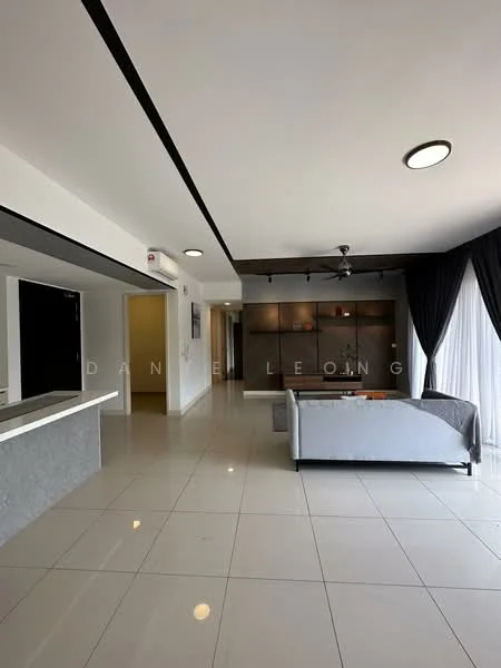 Living features: grey fabric sofa, coffee table, wall-mounted TV, built-in cabinetry, recessed downlights, 5-blade ceiling fan, floor-to-ceiling windows with sheer curtains, white painted walls, glossy tile flooring; style: modern; view: city. Room features: open layout, white painted walls, glossy tile flooring.