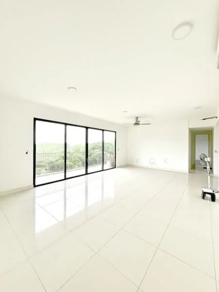 Living features: white painted walls, glossy white tile flooring, 5-blade ceiling fan with light, floor-to-ceiling sliding glass doors, natural light from large windows, open layout, neutral color scheme, balcony access, minimalist decor; style: modern; view: garden.