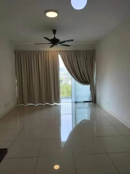 Living features: white painted walls, glossy ceramic tile flooring, 5-blade ceiling fan with light, floor-to-ceiling windows, sheer curtains, sliding glass door, natural light from window, balcony view; style: modern; view: city.