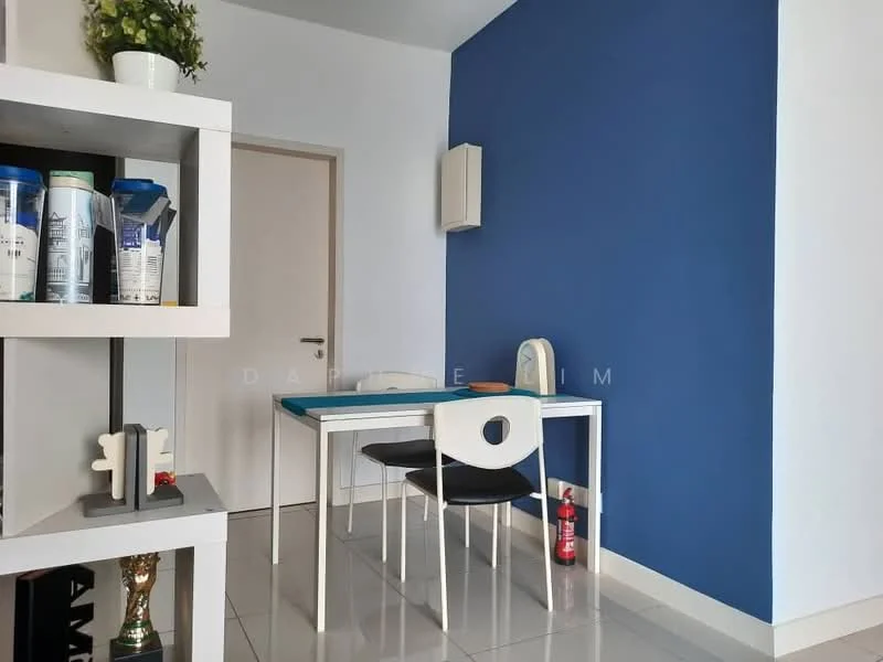 Room features: blue accent wall, white painted walls, white table, black chair, shelf with storage, fire extinguisher, door, light fixture, glossy tile flooring; style: modern.