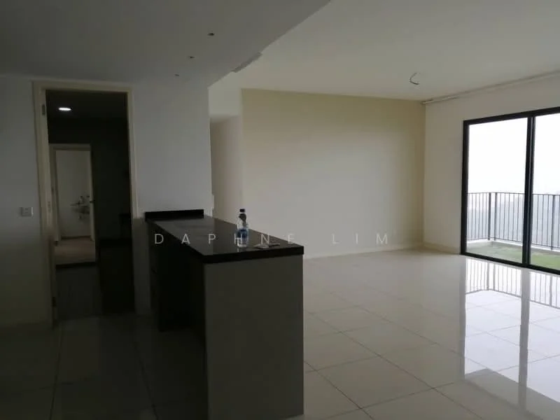 Room features: white painted walls, glossy tile flooring, large floor-to-ceiling windows, open layout, kitchen island with black countertop, balcony access, neutral color scheme, natural light; style: modern; view: garden.