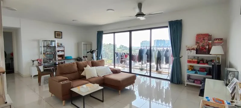 Living features: 3-seater fabric sofa in brown, 2-seater fabric sofa in beige, coffee table with white top, floor-to-ceiling windows, sliding glass door, curtains in teal, ceiling fan with light, wall-mounted TV, decorative wall art, open shelving unit, tile flooring, light-colored walls, area rug with geometric pattern; style: modern; view: city.
