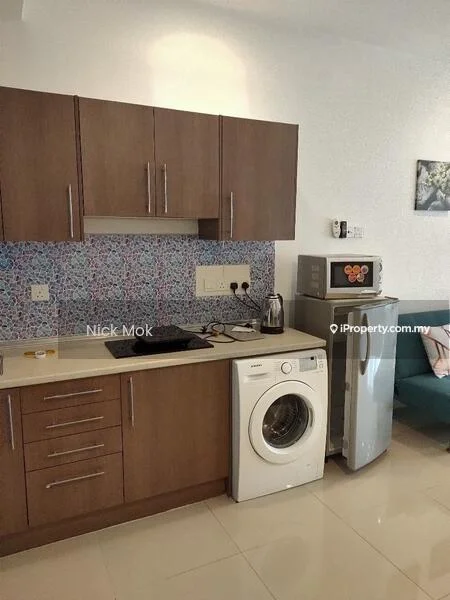 Kitchen features: brown wooden cabinetry, blue mosaic tile backsplash, stainless-steel sink, 4-burner gas hob, built-in oven, microwave, stainless-steel kettle, front-load washing machine, stainless-steel fridge, cream-colored countertop, white walls, tile flooring; style: modern.