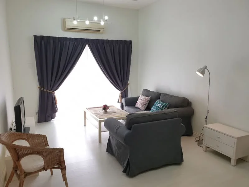 Living features: grey fabric sofa, 2-seater sofa, coffee table with wooden top, TV console, wall-mounted TV, floor lamp, woven rattan chair, curtains in dark grey, air conditioning unit, light fixture with multiple bulbs, light-colored flooring, decorative plant on table; style: modern.