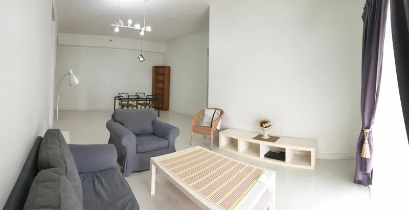 Living features: light grey fabric sofa, blue fabric armchair, white coffee table with striped top, wooden TV console, decorative vase on console, floor lamp, chandelier with multiple bulbs, large window with sheer curtains, white walls, light-colored flooring; style: modern.