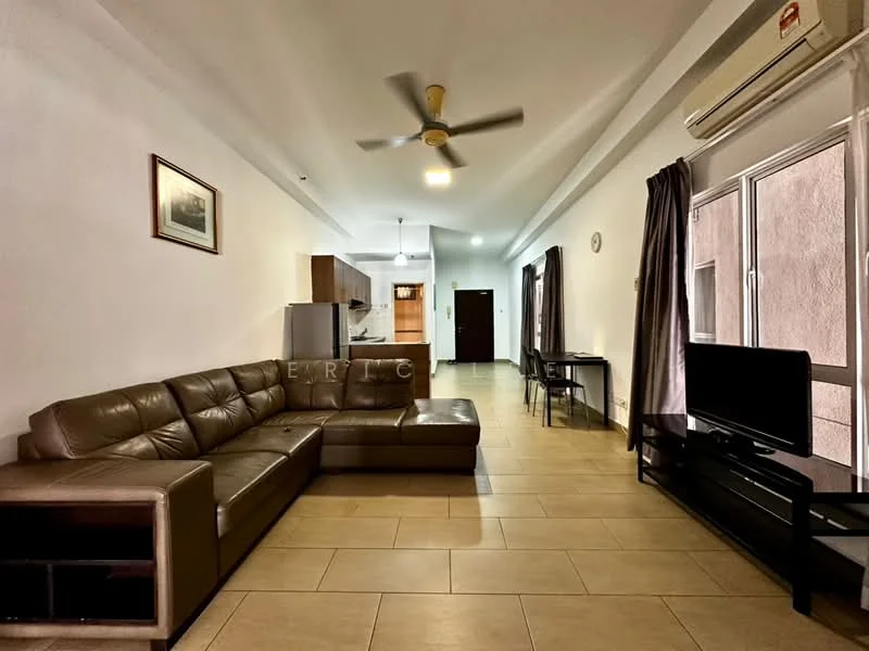 Living features: L-shape sectional leather sofa in brown, coffee table, wall-mounted TV, TV console in black, ceiling fan with light, tile flooring, white painted walls, large windows with sheer curtains, dining table for two, kitchen area visible in background; style: modern.