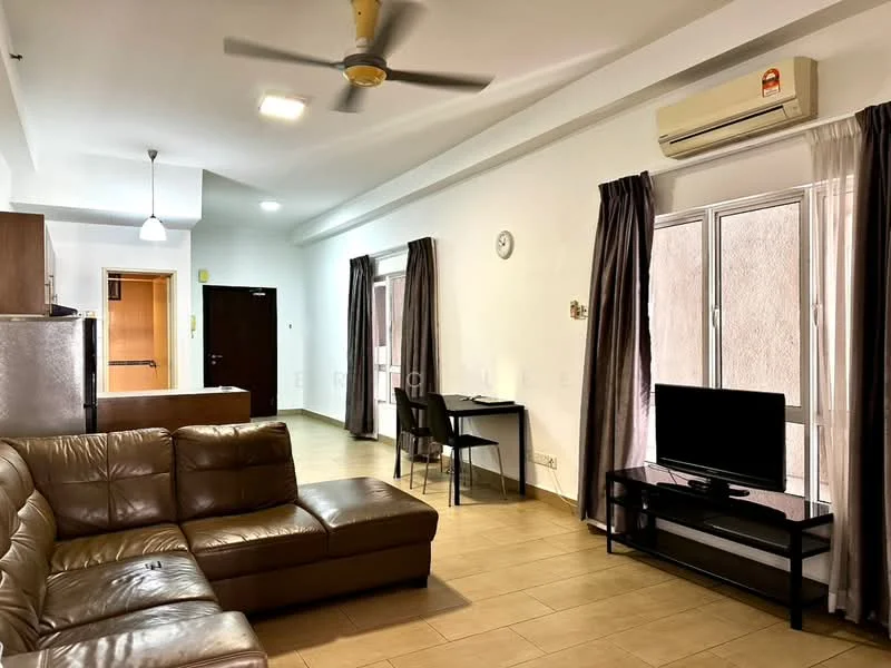 Living features: 3-seater leather sofa in brown, coffee table, wall-mounted TV, ceiling fan with light, floor-to-ceiling windows, curtains in grey, light-colored wall, tile flooring; style: modern. Kitchen features: stainless-steel fridge, kitchen cabinetry in dark wood, countertop, open layout to living area; style: modern.