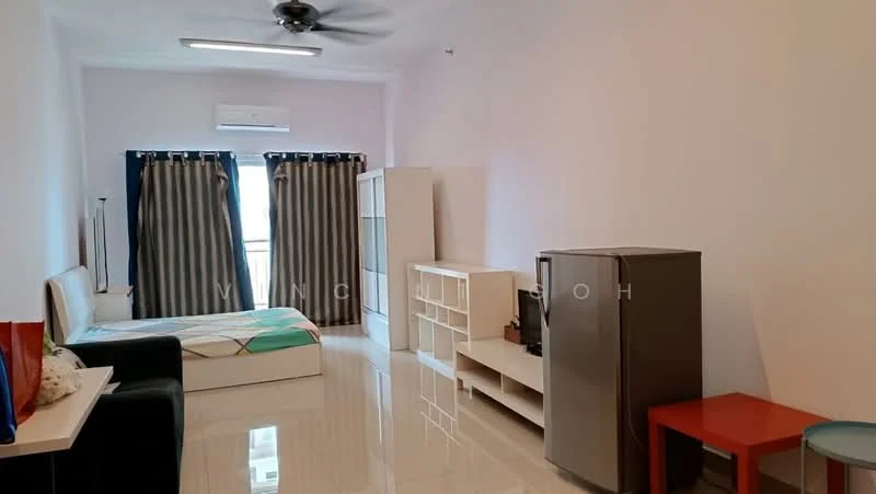 Room features: white painted walls, glossy tile flooring, 5-blade ceiling fan, floor-to-ceiling window, blackout curtains, double bed with patterned bedding, fridge, white shelving unit, red side table, black sofa, light-colored bed frame; style: modern.