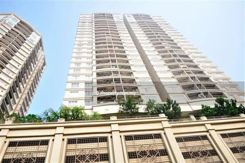 Exterior type: high-rise condominium; features: glass curtain wall, white painted facade, recessed balconies, vertical fins, manicured landscaping, mature trees, multiple storeys, balconies with greenery; style: modern.
