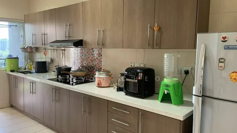 Kitchen features: brown wooden cabinetry, white quartz countertop, stainless-steel gas hob, stainless-steel range hood, built-in oven, black coffee machine, green rice cooker, white refrigerator, colorful mosaic tile backsplash, sink with faucet, multiple kitchen appliances, window with city view, tile flooring; style: modern; view: city.