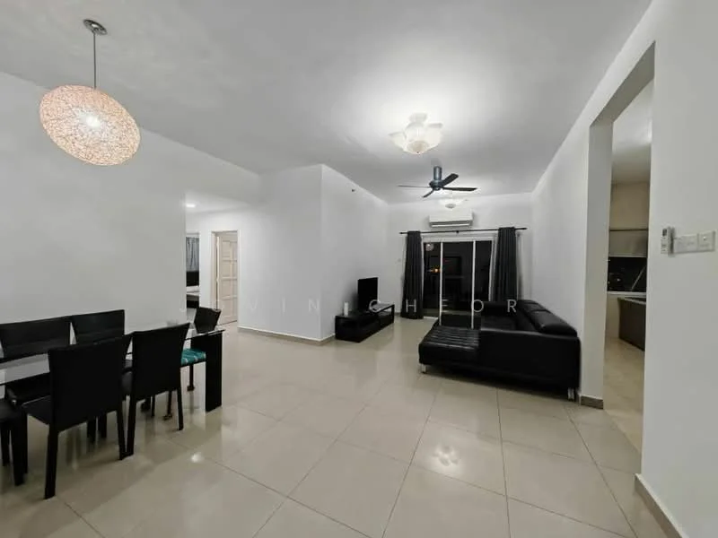 Living features: white painted walls, tile flooring, 5-blade ceiling fan with light, recessed downlights, black leather sectional sofa, coffee table, TV console, floor-to-ceiling windows, curtains, air conditioning unit; style: modern; view: city. Dining features: 6-seater dining table, black dining chairs, pendant light, tile flooring; style: modern.