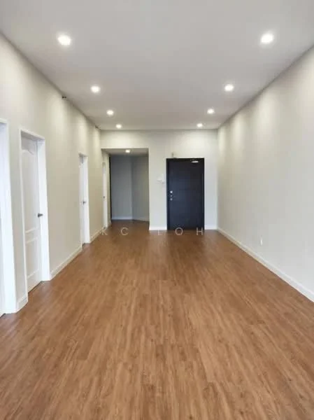 Room features: laminate flooring, white painted walls, recessed downlights, multiple doorways, main entrance door, neutral color scheme, open layout, high ceiling; style: modern.