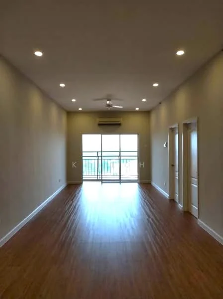 Living features: laminate flooring, white painted walls, recessed downlights, 5-blade ceiling fan, floor-to-ceiling windows, sliding glass door, balcony access, air conditioning unit; style: modern; view: city.