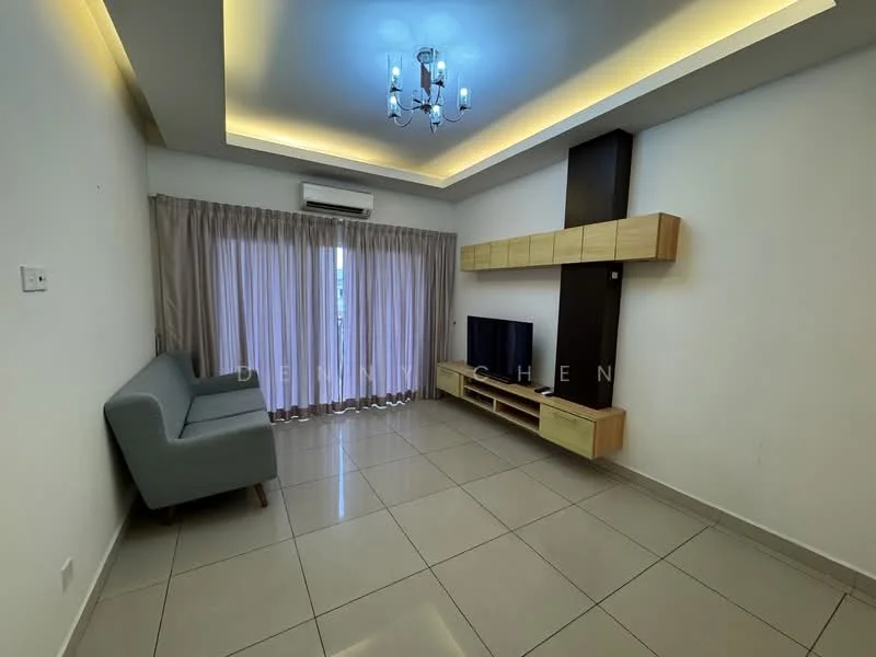 Living features: grey fabric sofa, wall-mounted TV, wooden TV console, recessed ceiling lights, chandelier, floor-to-ceiling windows with sheer curtains, cream painted walls, glossy tile flooring, wall-mounted air conditioning unit; style: modern; view: city.