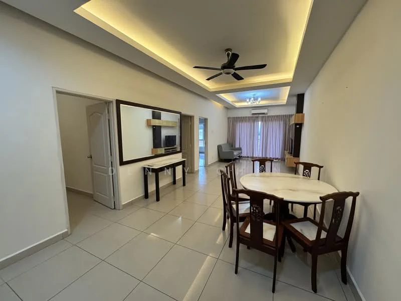 Dining features: round marble dining table, 6 wooden dining chairs, white painted walls, recessed ceiling lights, ceiling fan with light, large mirror on wall, tile flooring, curtains on windows, sofa in background, open layout to living area; style: modern. Living features: grey fabric sofa, coffee table, TV console, large window with curtains, tile flooring; style: modern.
