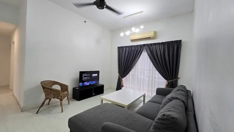 Living features: grey fabric sofa, white coffee table, wall-mounted TV, black TV console, floor-to-ceiling windows, sheer curtains, blackout curtains, 5-blade ceiling fan with light, light fixture with multiple bulbs, light-colored laminate flooring, white painted walls, decorative wall art; style: modern.