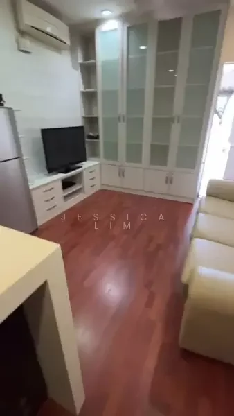 Living features: laminate flooring, white painted walls, built-in cabinetry with glass doors, TV console, wall-mounted TV, sofa in beige, air conditioning unit, recessed downlights; style: modern.