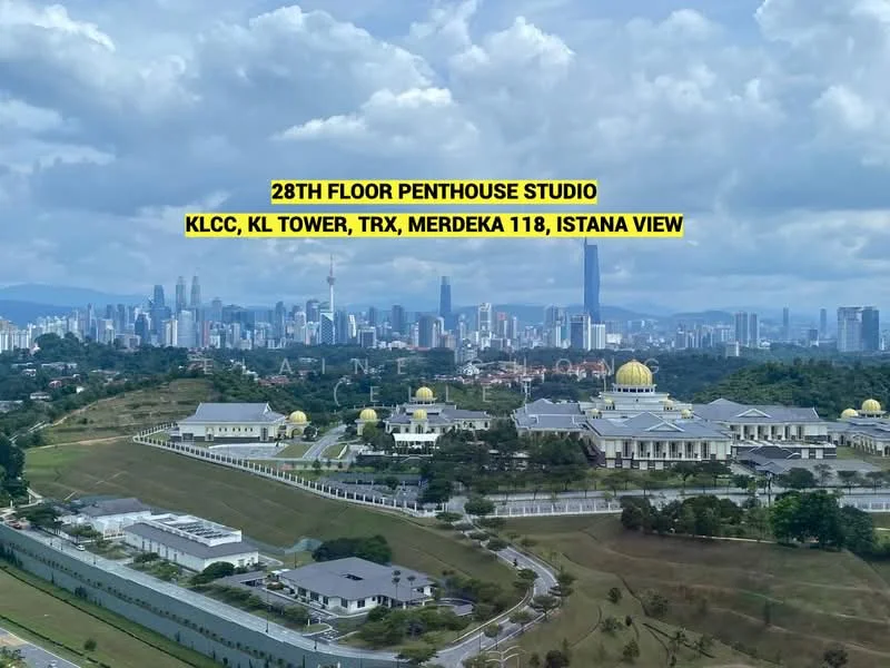 Exterior type: penthouse; features: 28th floor view, city skyline, KLCC, KL Tower, Merdeka 118, TRX, green landscape, cloudy sky; style: modern.
