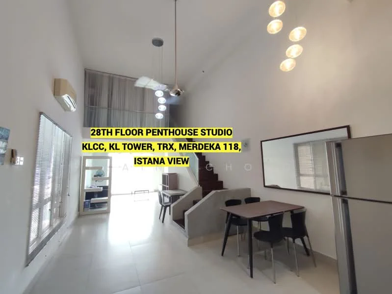 Living features: high ceiling, large windows, white painted walls, tile flooring, ceiling fan with light, dining table with chairs, staircase, open layout, kitchenette area, air conditioning unit; style: modern; view: city.