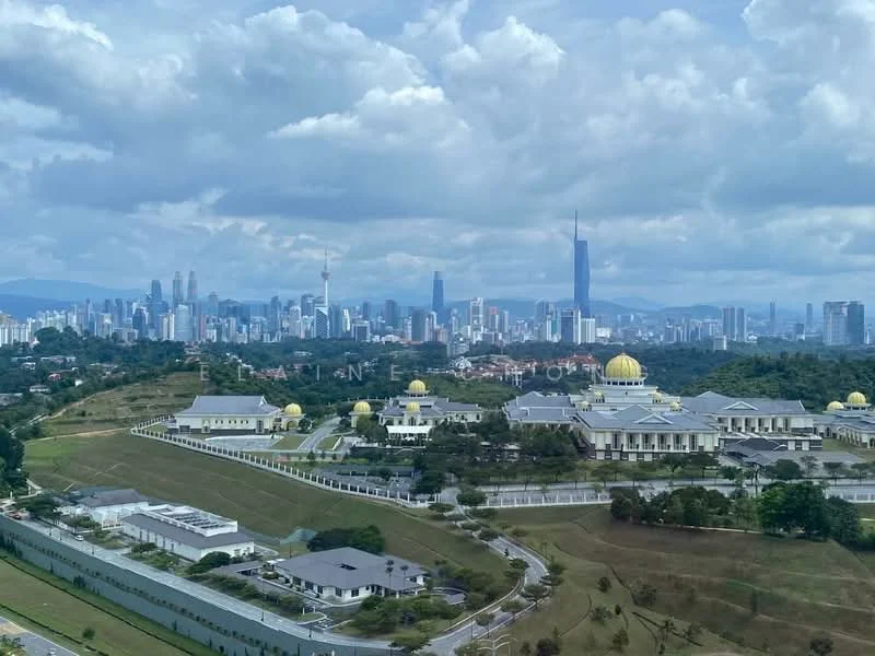 Exterior features: city skyline in background, green hills, large buildings with domes, modern skyscrapers, open landscape, urban context; style: modern.
