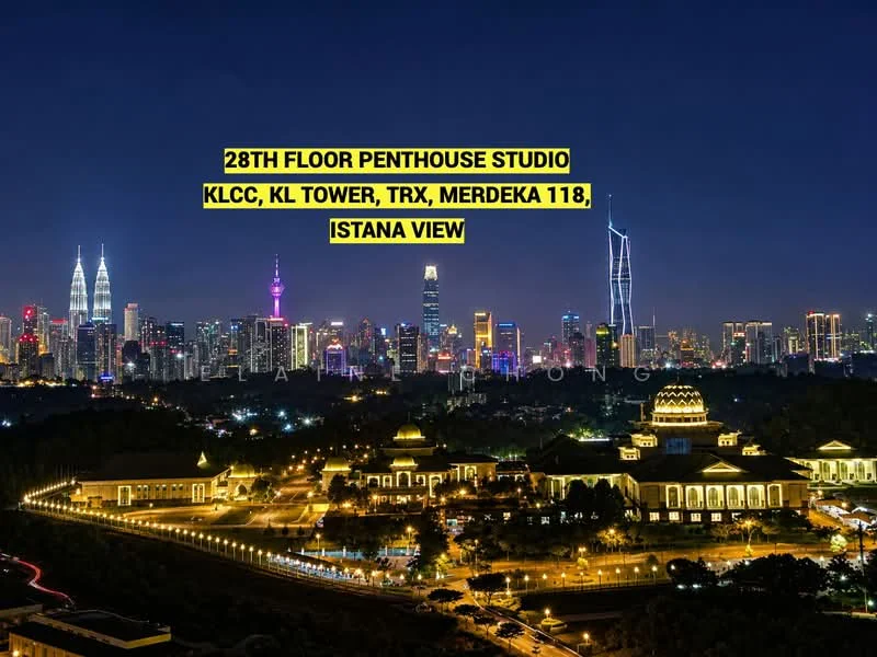 Exterior type: penthouse; features: 28th floor view, city skyline, night view, KLCC, KL Tower, Merdeka 118, Istana, urban landscape, illuminated buildings; style: modern.