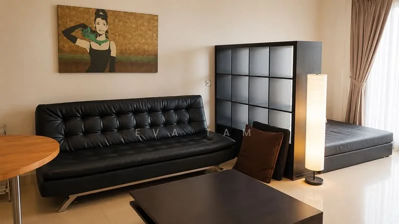 Living features: black leather sofa, wooden round dining table, black coffee table, floor lamp, decorative artwork on wall, light-colored walls, large windows with sheer curtains, tile flooring; style: modern.