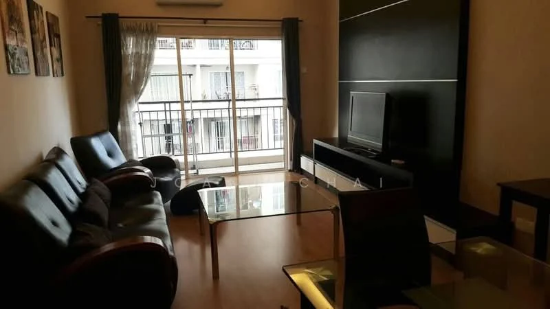 Living features: 3-seater leather sofa in dark brown, 2-seater leather sofa in dark brown, glass coffee table, TV console, wall-mounted TV, floor-to-ceiling windows, curtains, laminate flooring, decorative wall with dark paneling, light fixture; style: modern; view: city.