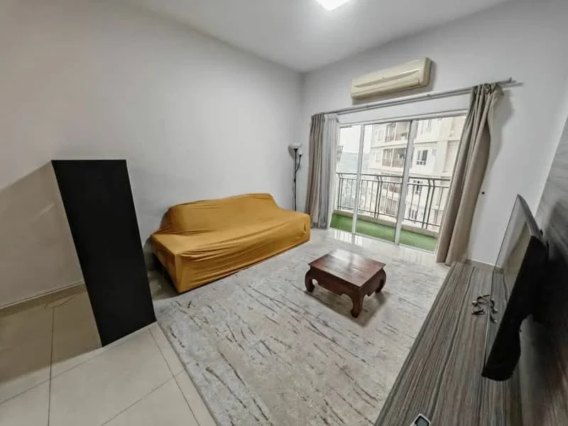 Living features: beige fabric sofa with cover, wood coffee table, TV console, wall-mounted TV, floor-to-ceiling windows, sliding glass door, curtains, light-colored area rug, air conditioning unit, neutral painted walls, tile flooring; style: modern.