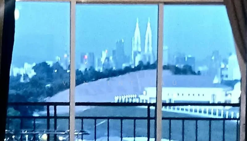 Room features: city skyline view, balcony railing, curtains; view: city.
